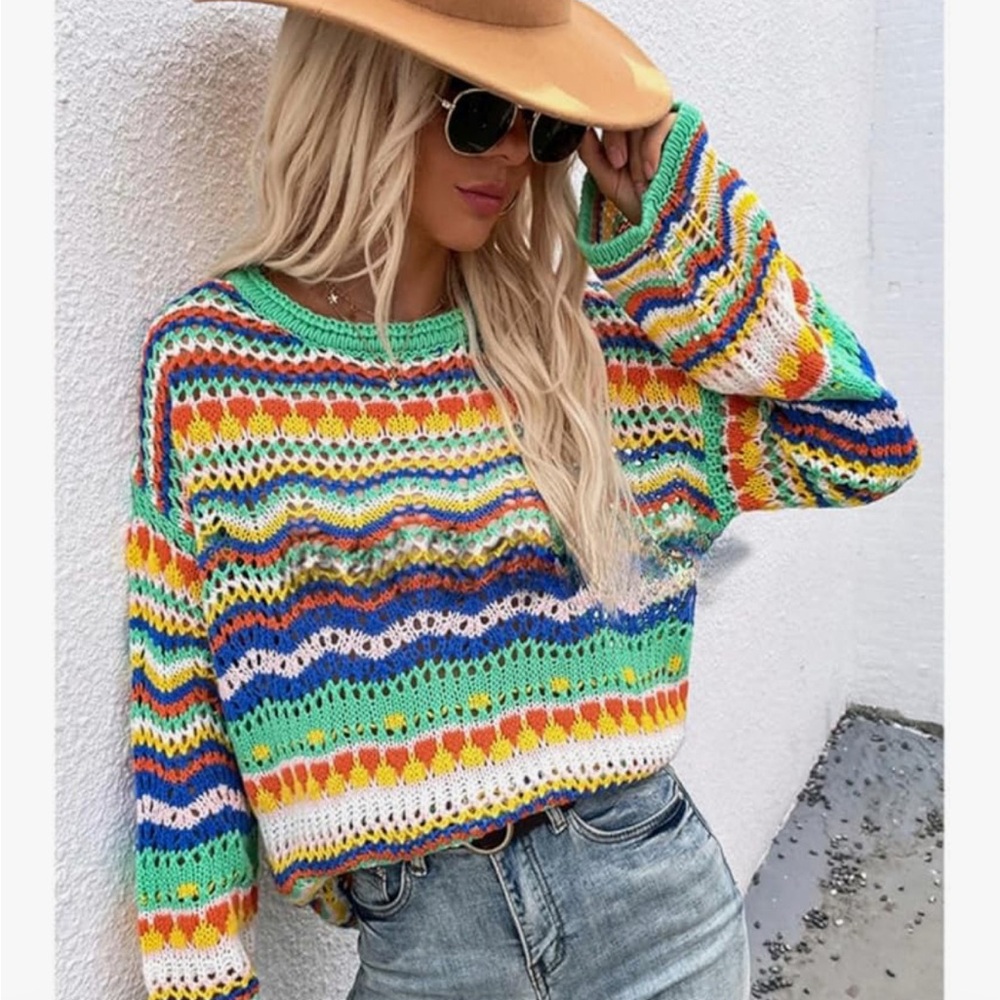 Colorful Striped Crochet Knit Sweater